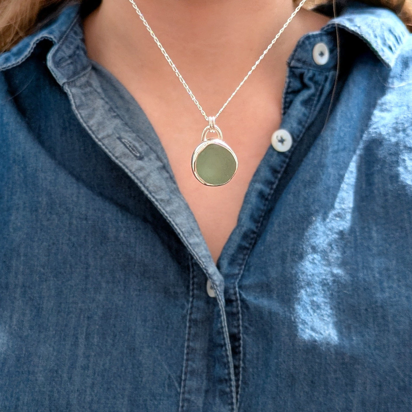 Model wearing Seafoam sea glass silver pendant