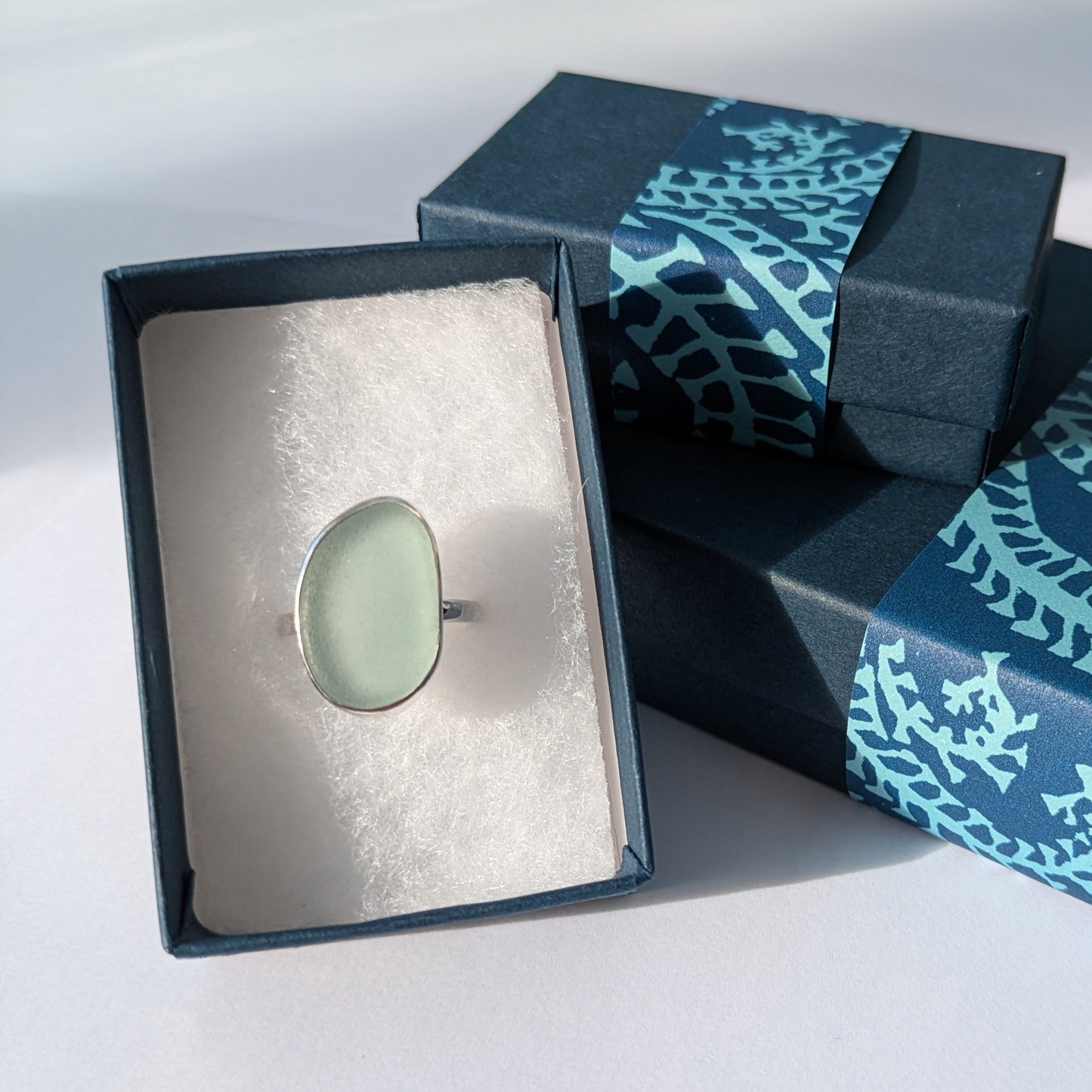 Cornish Sea Mist Silver Ring in blue git box