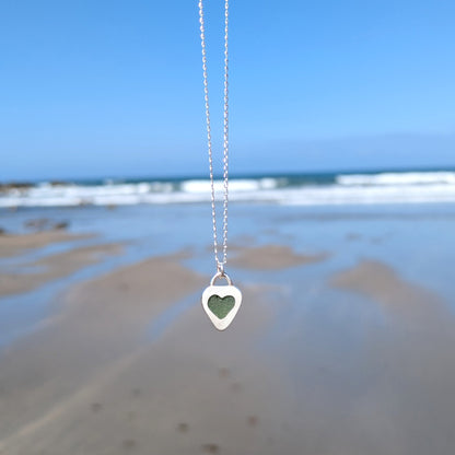 Back of St Ives heart shaped sea glass silver pendant looking out to sea