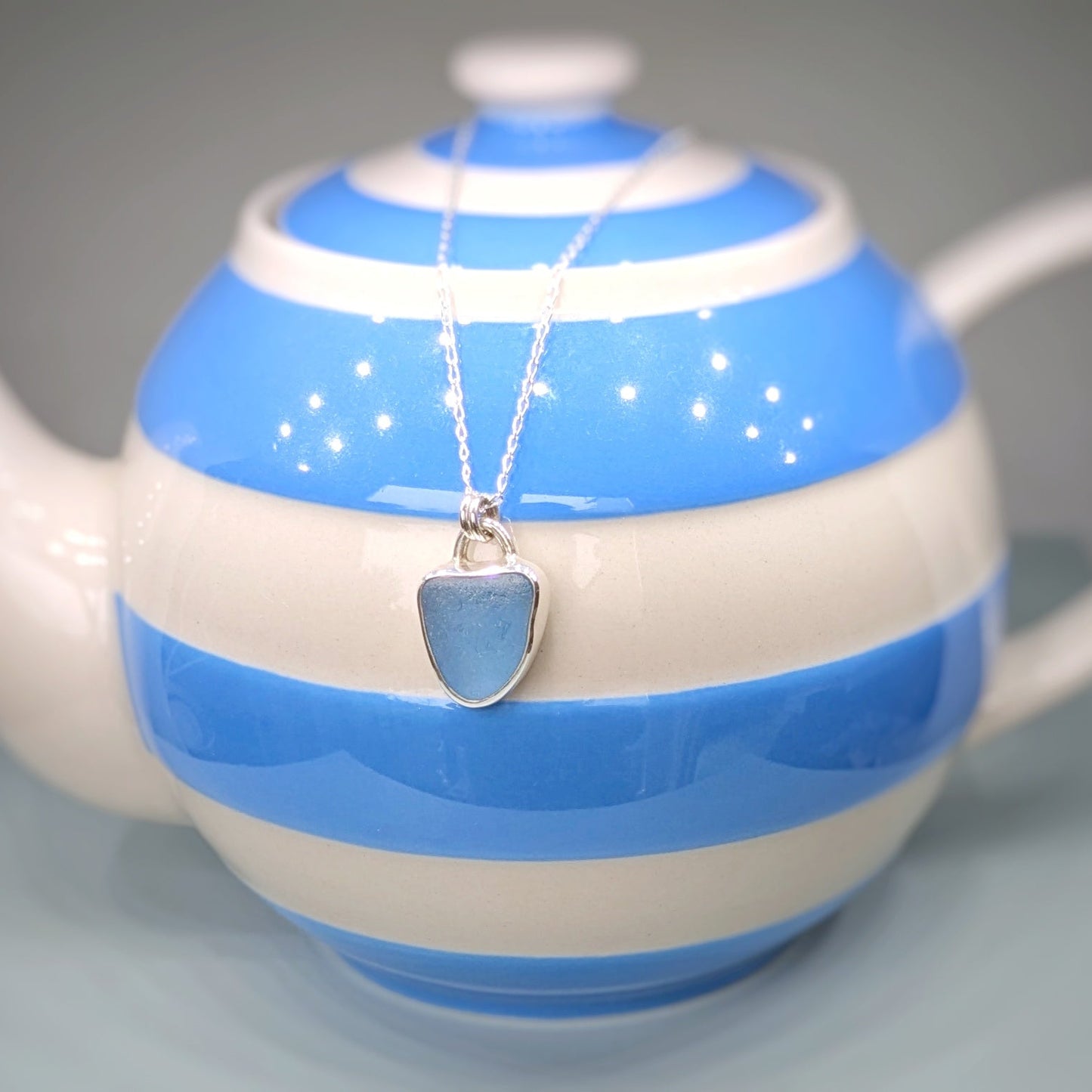 Cornish Blue sea glass silver pendant with Cornishware teapot