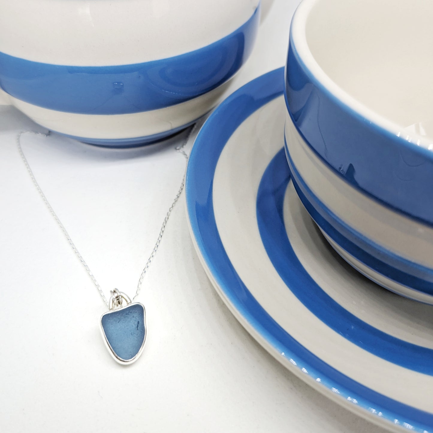 Cornish Blue sea glass silver pendant with Cornishware teacup