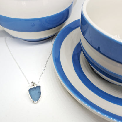 Cornish Blue sea glass silver pendant with Cornishware teacup