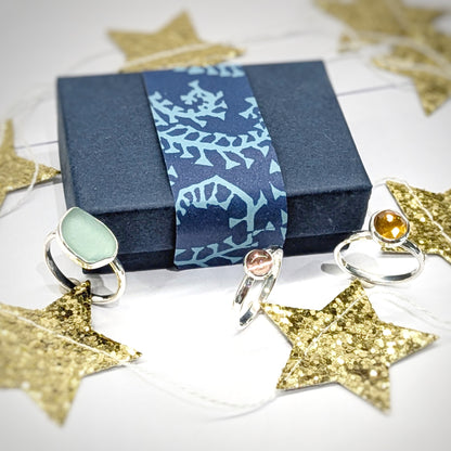Cornish Sunset Silver Sea Glass, Tourmaline & Citrine Stacker Rings