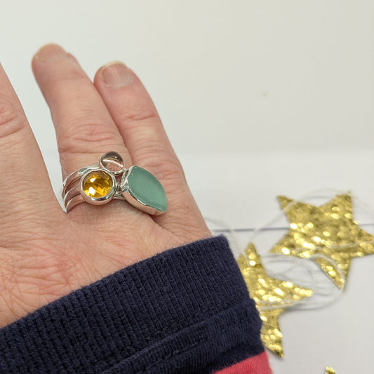 Cornish Sunset Silver Sea Glass, Tourmaline & Citrine Stacker Rings