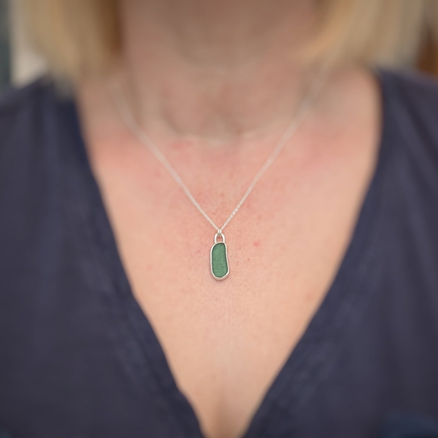 Leaf Green Sea Glass Silver Pendant