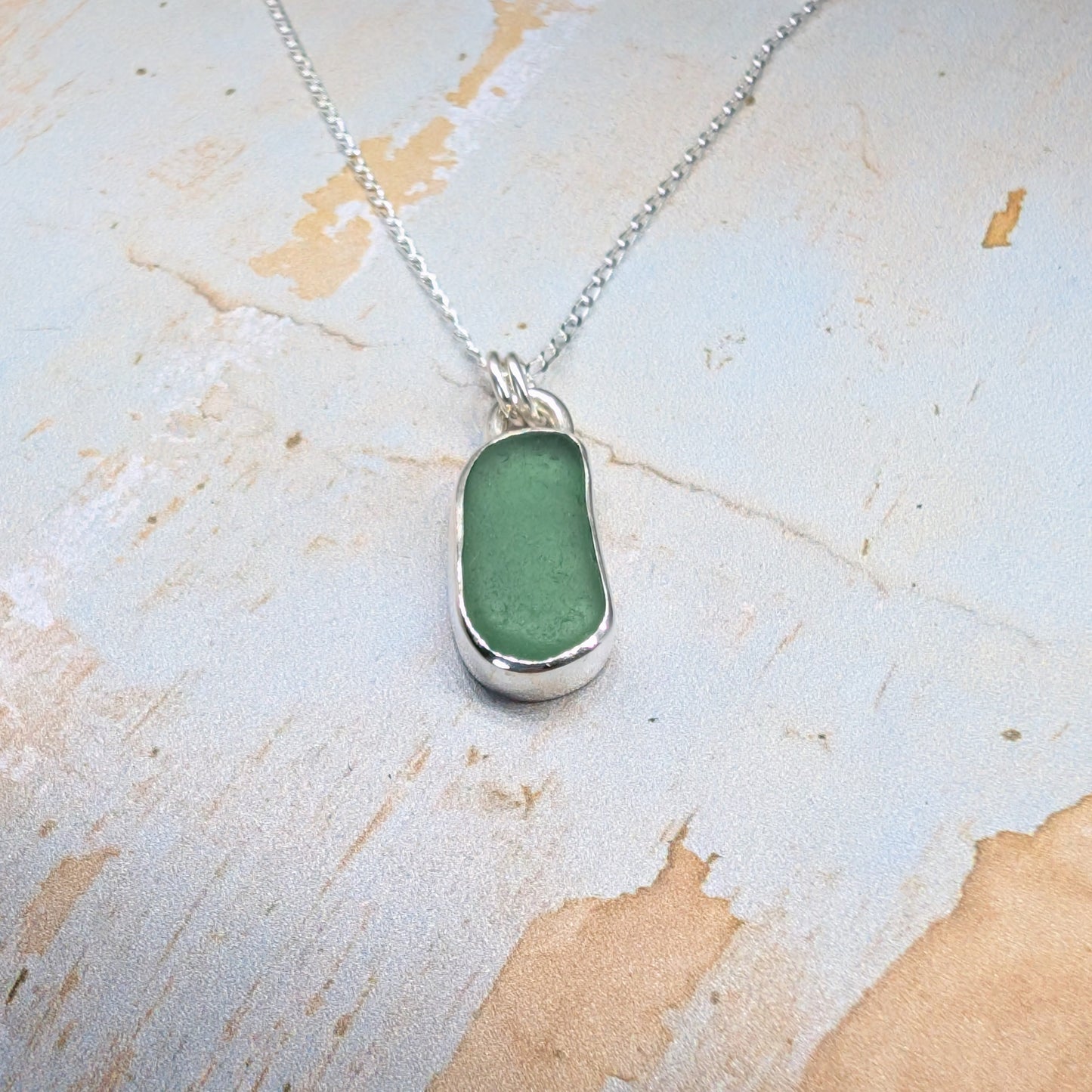 Leaf Green Sea Glass Silver Pendant