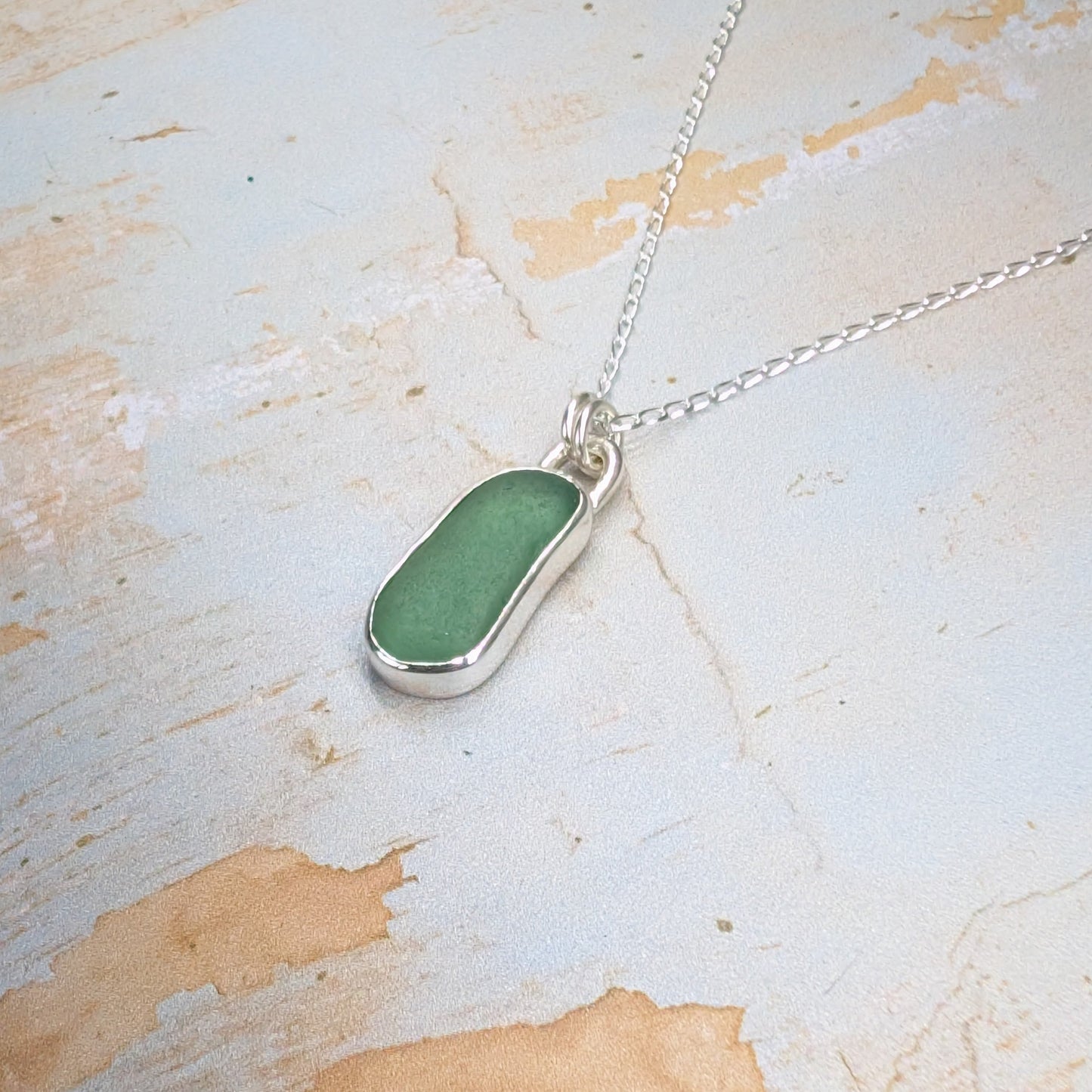 Leaf Green Sea Glass Silver Pendant