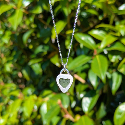 St Ives Green sea glass silver pendant with heart cut out on silver chain