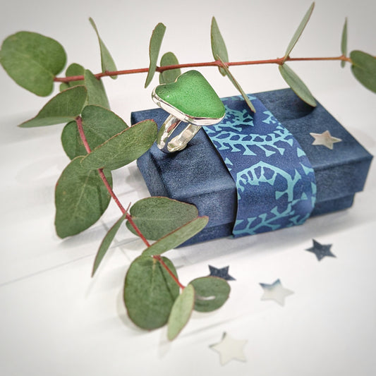 Heart of Green, Silver Sea Glass Ring