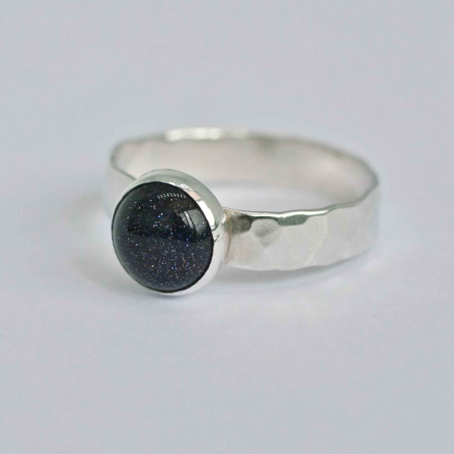 Blue Goldstone Silver Hammered Ring