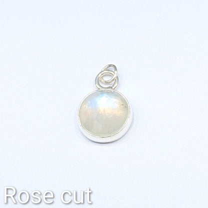 Full view of rose cut Snowball Moonstone pendant set in sterling silver