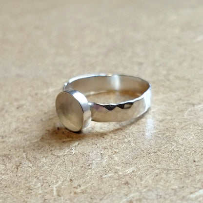 Workshop photo of the Blue Goldstone Silver Hammered Ring without the gemstone