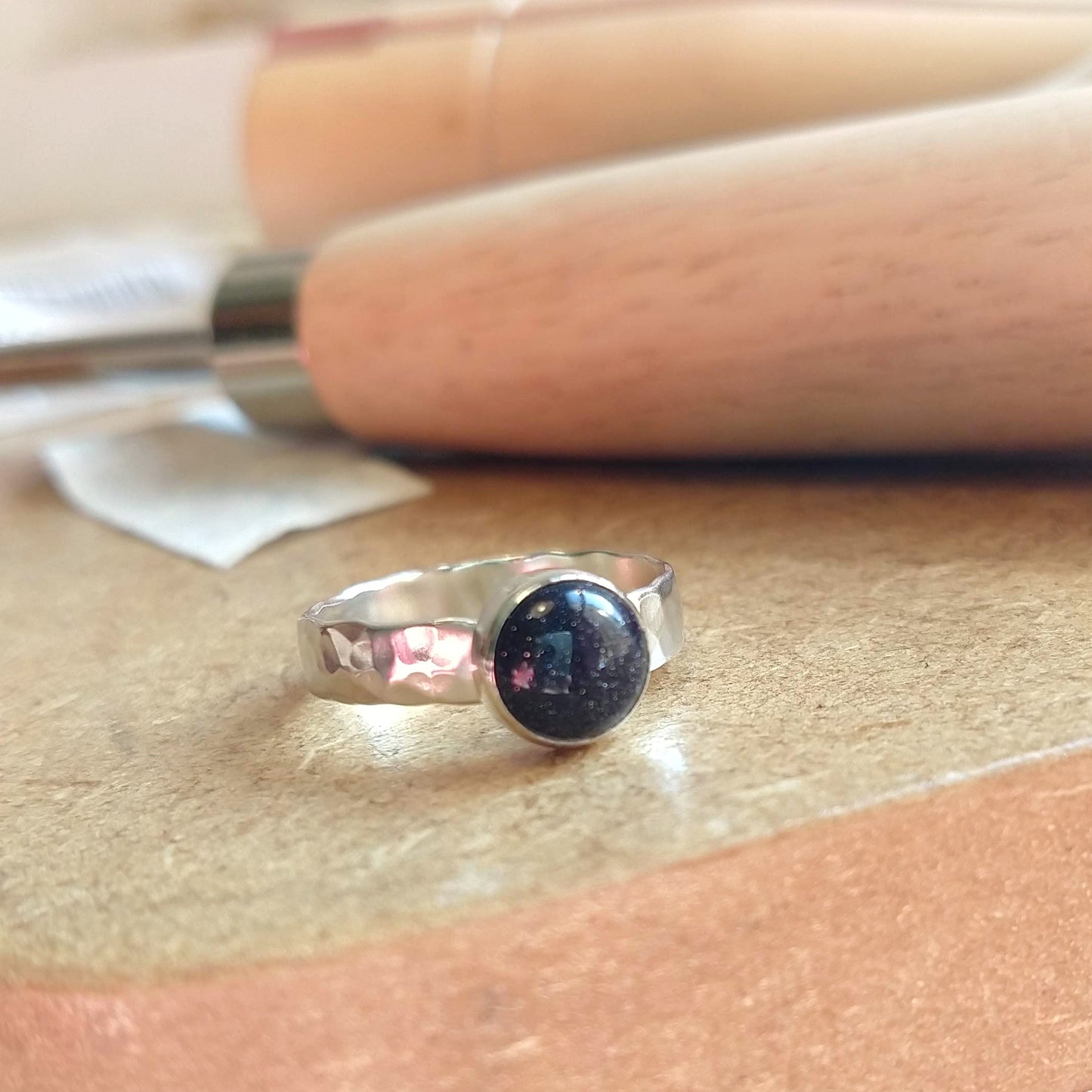 Blue Goldstone Silver Hammered Ring