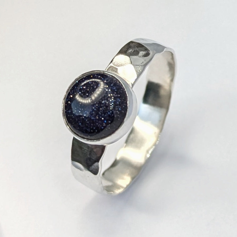 Blue Goldstone Silver Hammered Ring