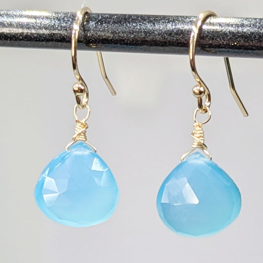 Blue gemstone and gold drop earrings. Cornish Blue Sky Drop Earrings