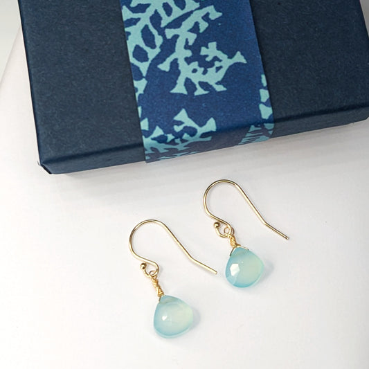 Blue and gold drop earrings. Dreamy Blue Chalcedony Drop Earrings with blue gift box