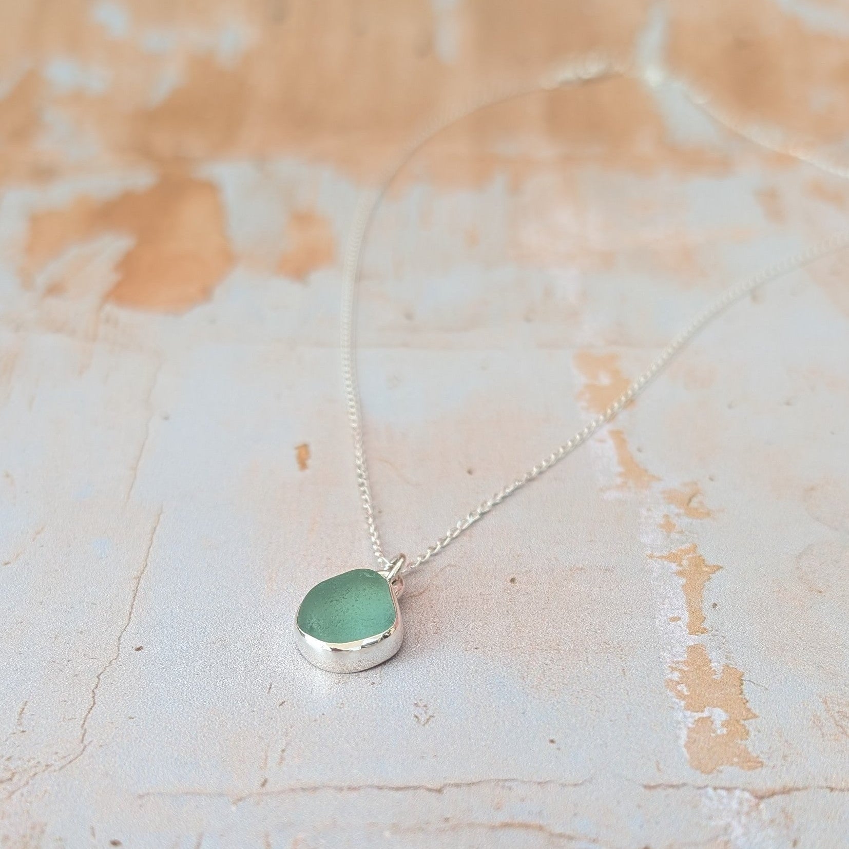 Seafoam Cornish sea glass and silver drop pendant necklace on silver chain