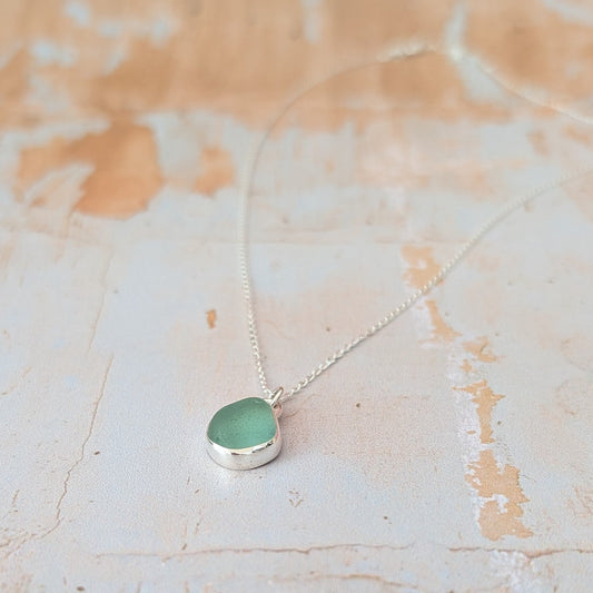 Seafoam Cornish sea glass and silver drop pendant necklace on silver chain