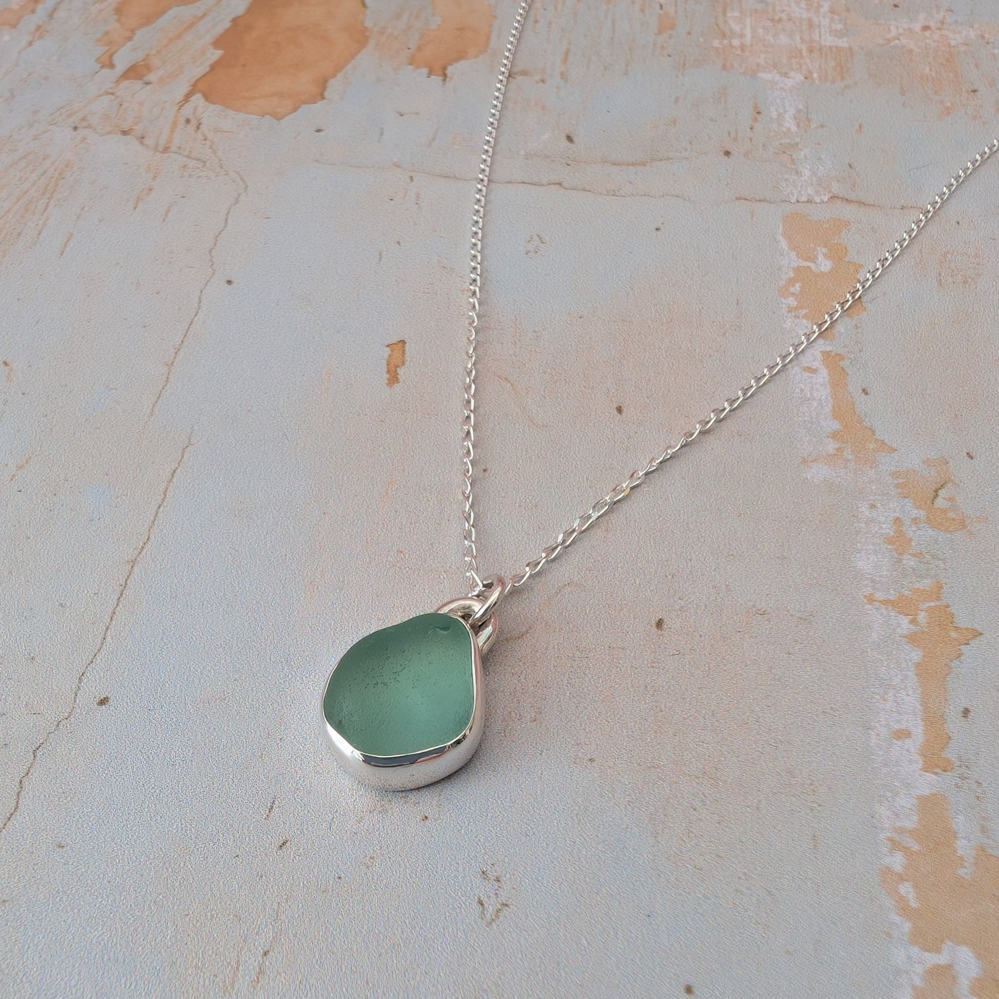 Seafoam Cornish sea glass and silver drop pendant necklace on silver chain