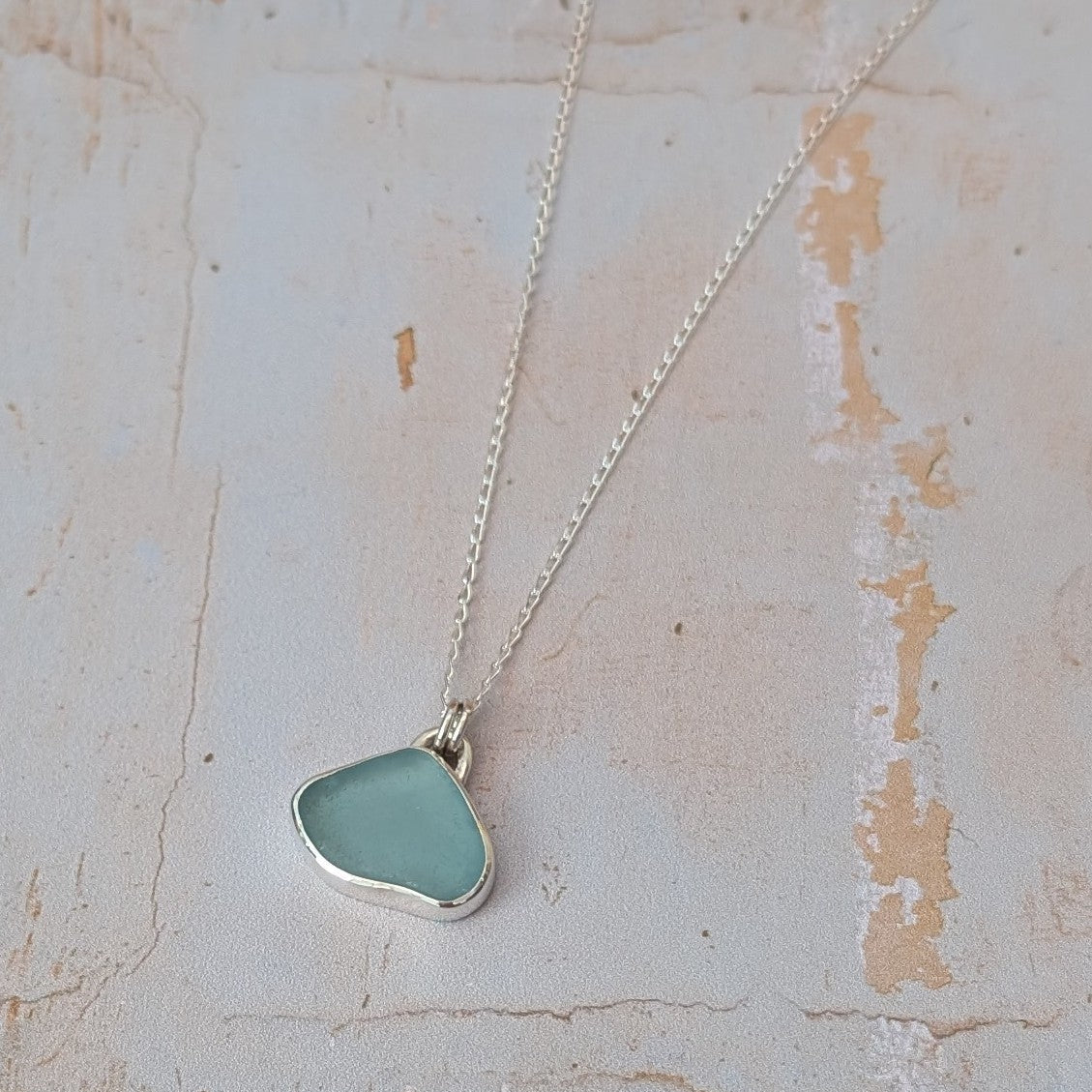Pale Blue Cornish Sea Glass set in recycled silver with silver chain