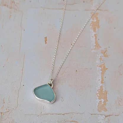 Pale Blue Cornish Sea Glass set in recycled silver with silver chain