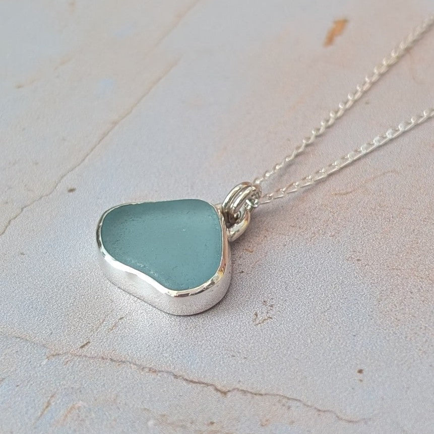 Pale Blue Cornish Sea Glass set in recycled silver with silver chain