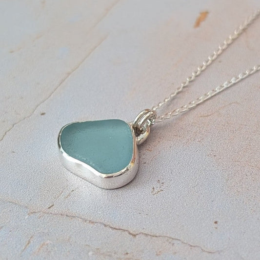 Pale Blue Cornish Sea Glass set in recycled silver with silver chain