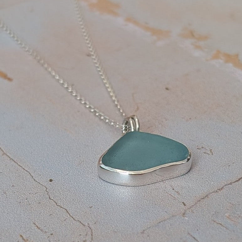 Pale Blue Cornish Sea Glass set in recycled silver with silver chain