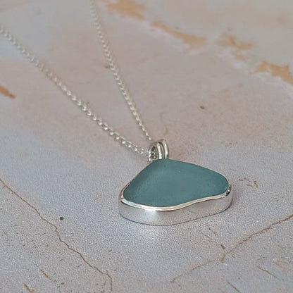 Pale Blue Cornish Sea Glass set in recycled silver with silver chain
