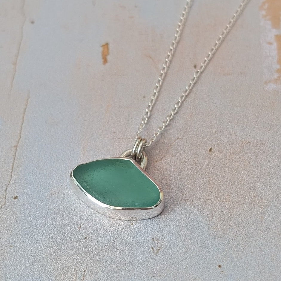 Soft Aqua Cornish sea glass and silver pendant necklace on silver chain