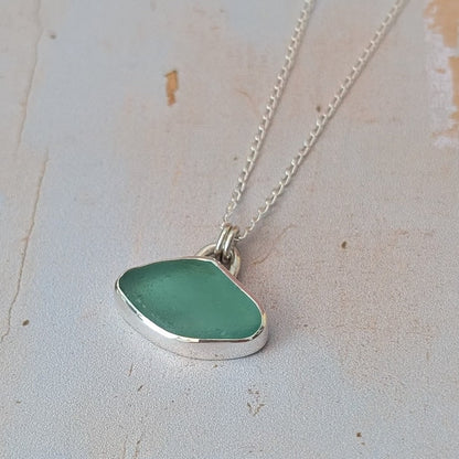 Soft Aqua Cornish sea glass and silver pendant necklace on silver chain