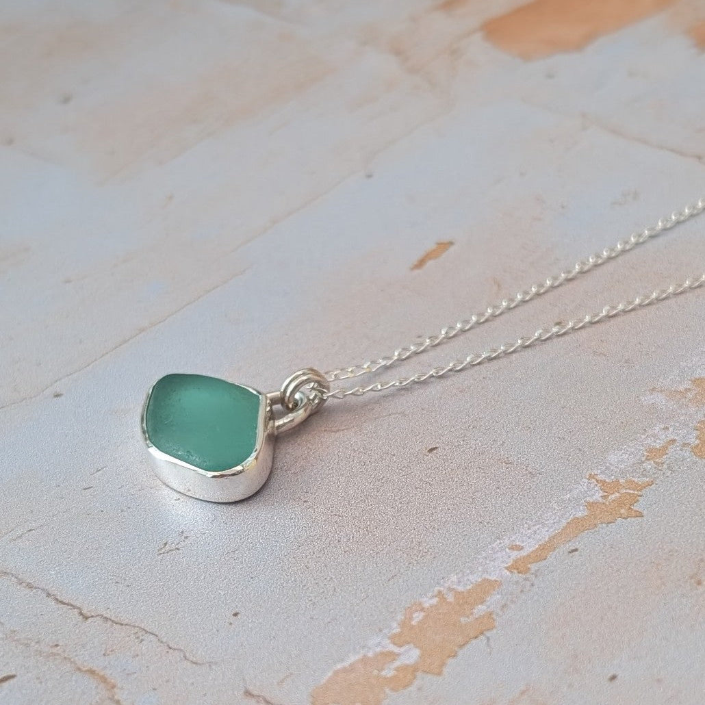 Soft Aqua Cornish sea glass and silver pendant necklace on silver chain
