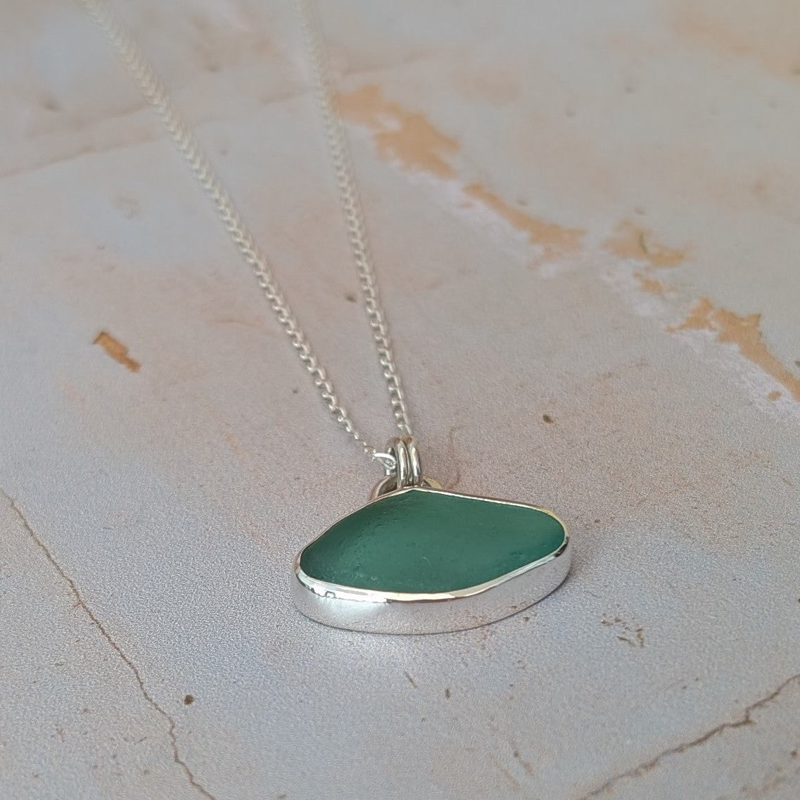 Soft Aqua Cornish sea glass and silver pendant necklace on silver chain