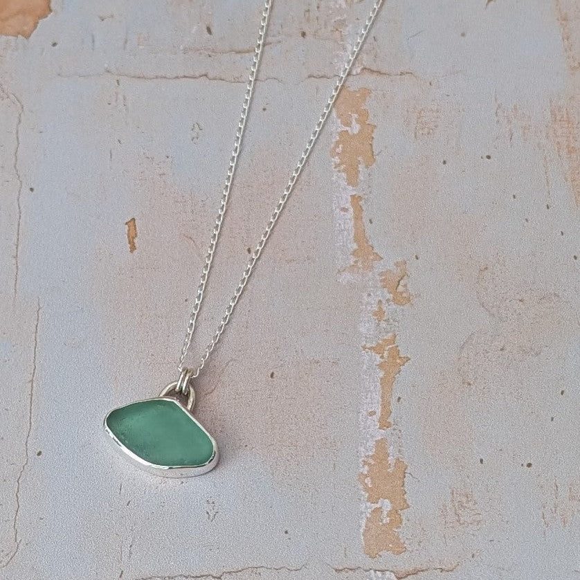 Soft Aqua Cornish sea glass and silver pendant necklace on silver chain