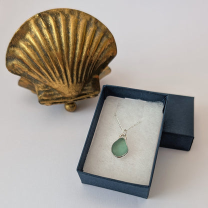 Seafoam Cornish sea glass and silver drop pendant necklace on silver chain in blue gift box next to a golden scallop shell