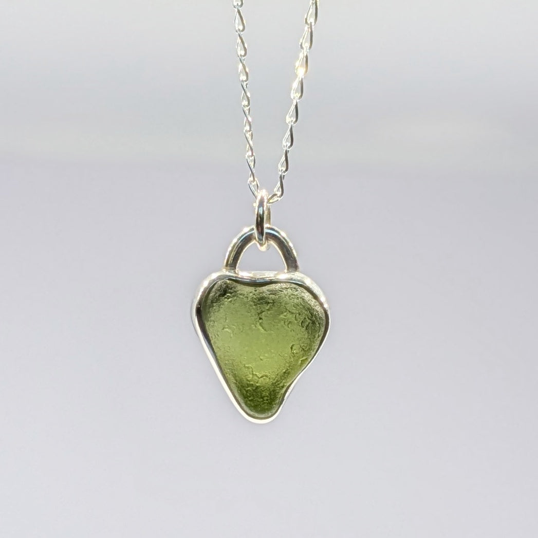 St Ives Green sea glass silver pendant with heart cut out