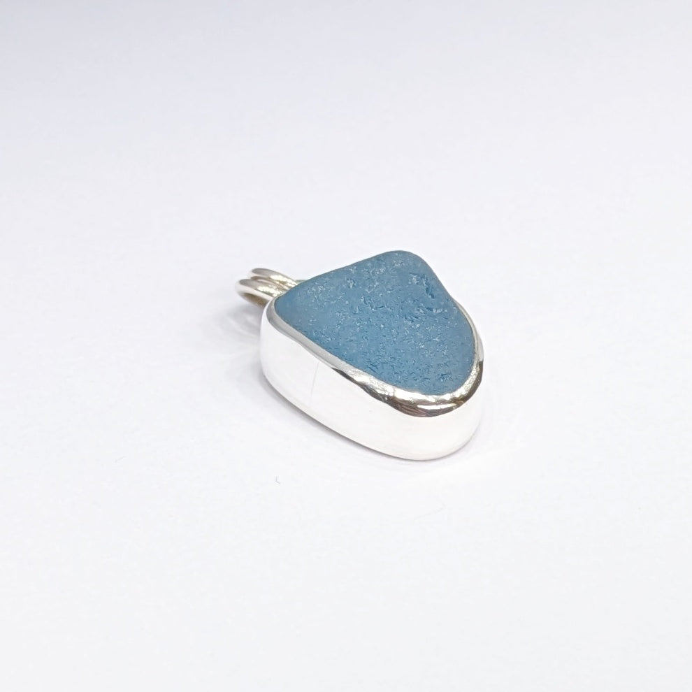 Cornish Blue Sea Glass Silver Pendant side view