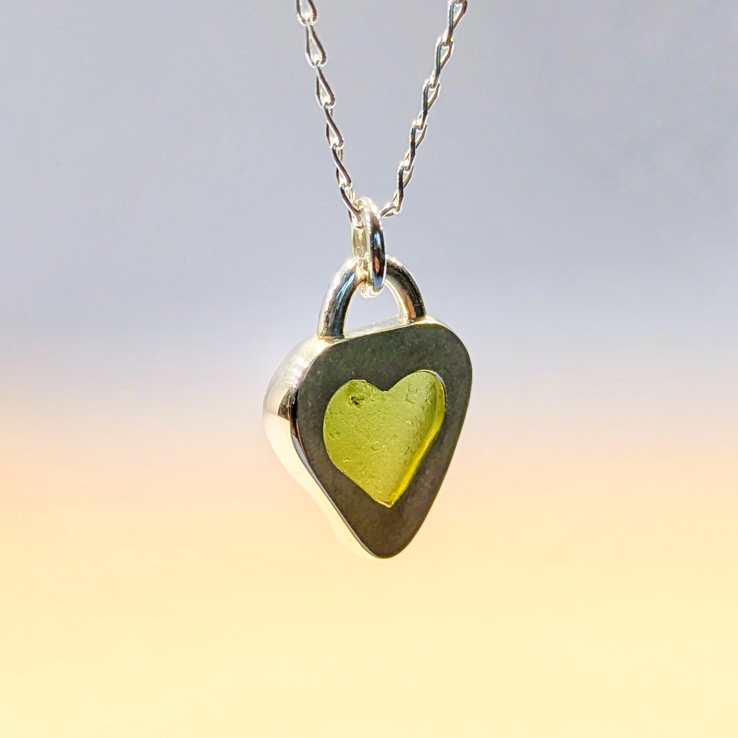 St Ives Green sea glass silver pendant with heart cut out