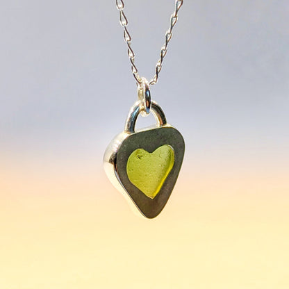 St Ives Green sea glass silver pendant with heart cut out