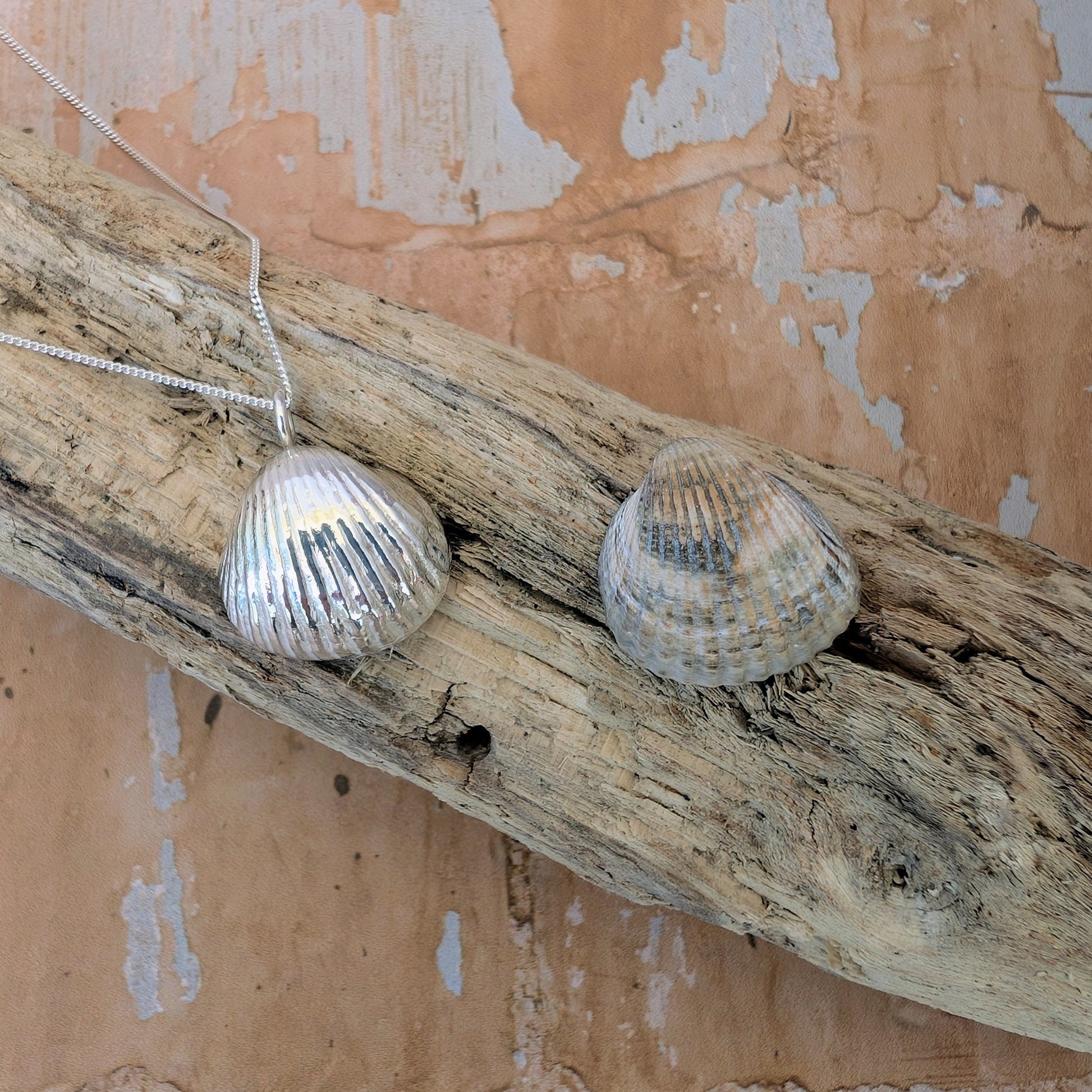 Silver Sea Shell Pendant on driftwood next to original sea shell