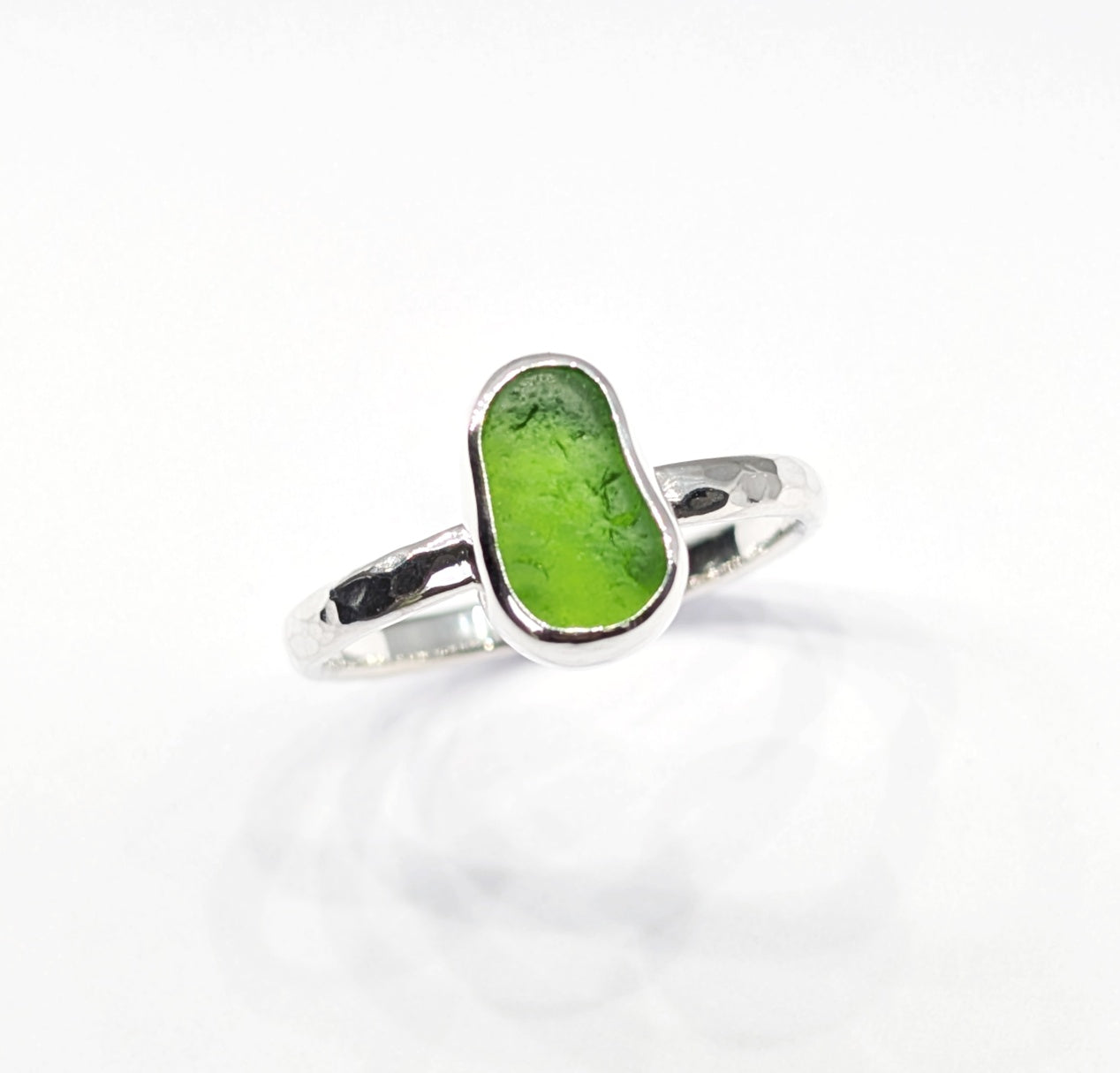 Little Green Jelly Bean Sea Glass Silver Ring