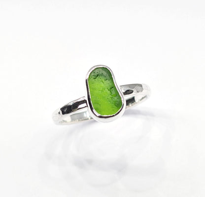 Little Green Jelly Bean Sea Glass Silver Ring