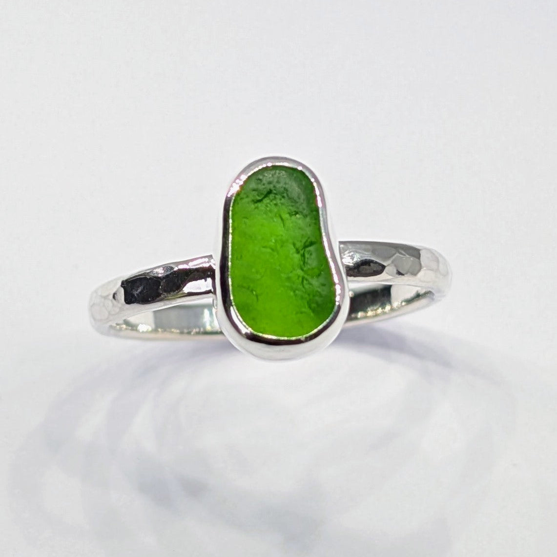 Little Green Jelly Bean Sea Glass Silver Ring