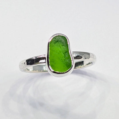 Little Green Jelly Bean Sea Glass Silver Ring