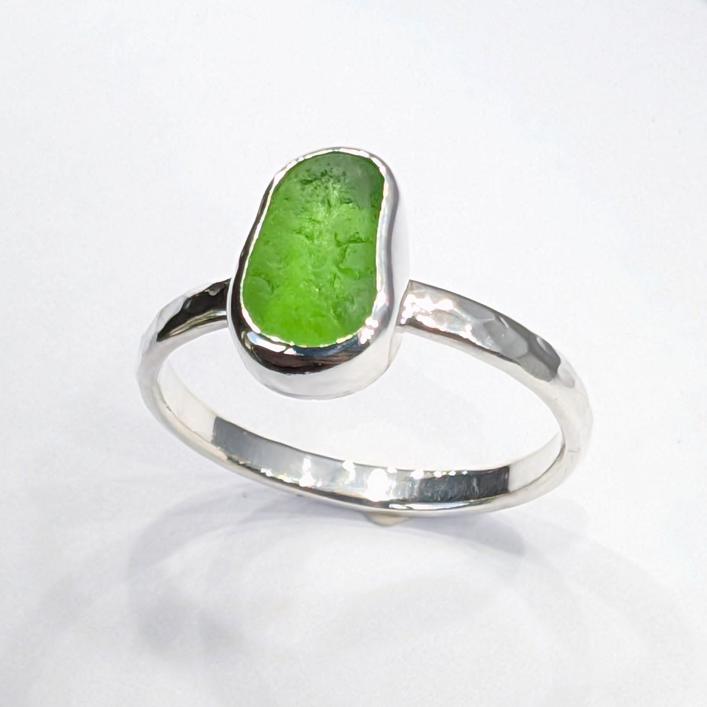 Little Green Jelly Bean Sea Glass Silver Ring