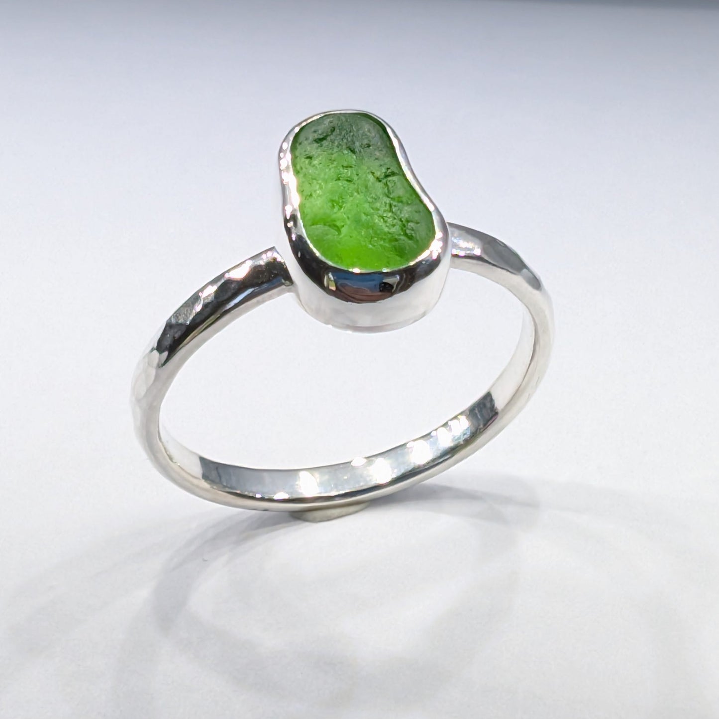 Little Green Jelly Bean Sea Glass Silver Ring