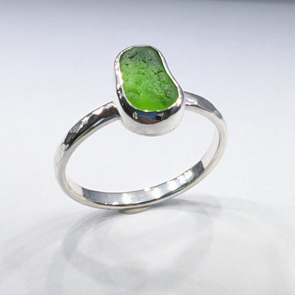 Little Green Jelly Bean Sea Glass Silver Ring