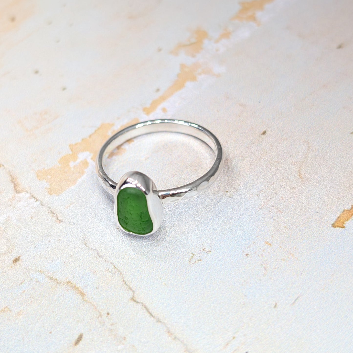 Little Green Jelly Bean Sea Glass Silver Ring