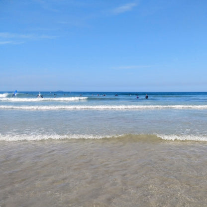 Sunny day at Polzeath beach, Cornwall, with surfers in the sea.
