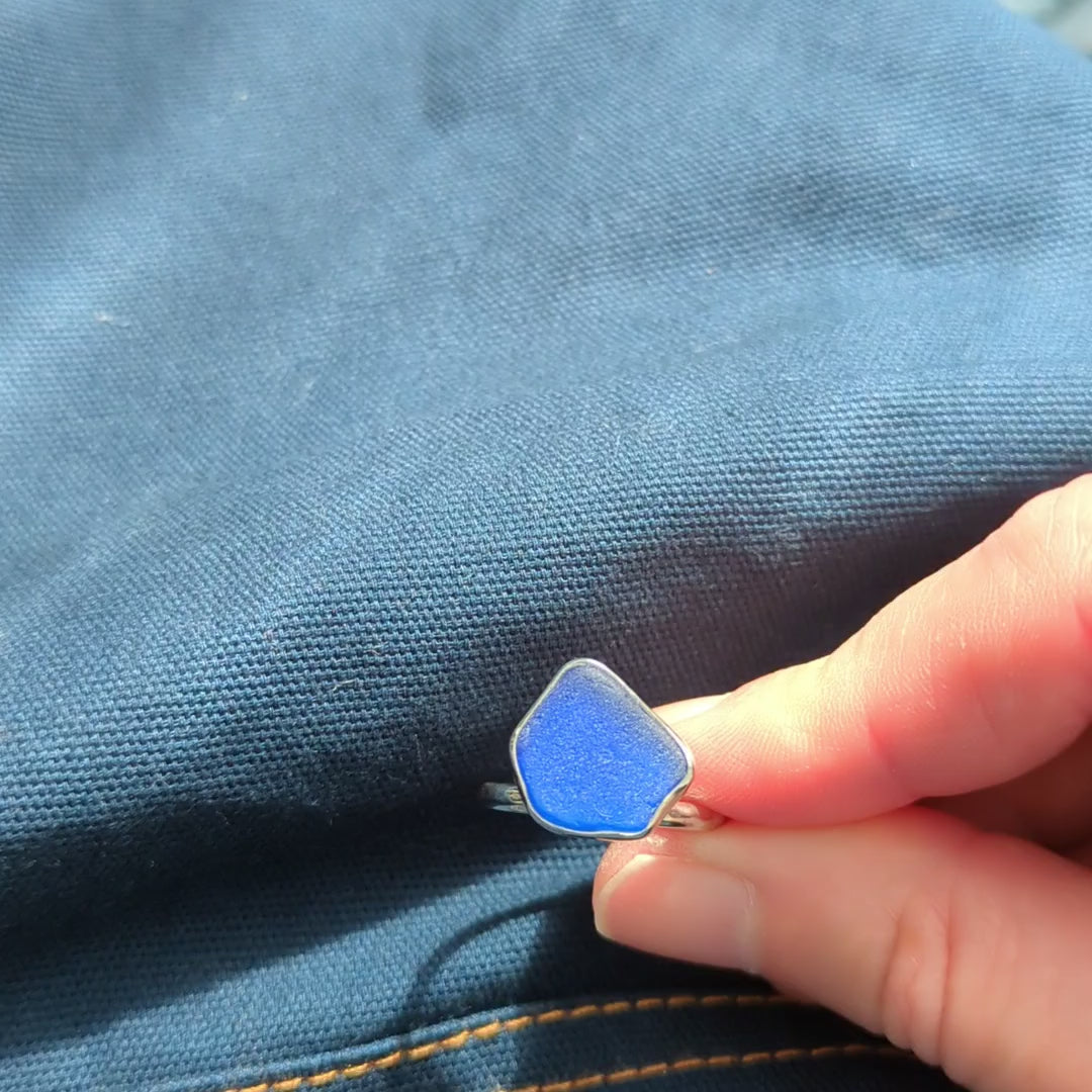 Deep Azure Blue Sea Glass Silver Hammered Ring video.  Part of the Moonlit 3 Ring Stack